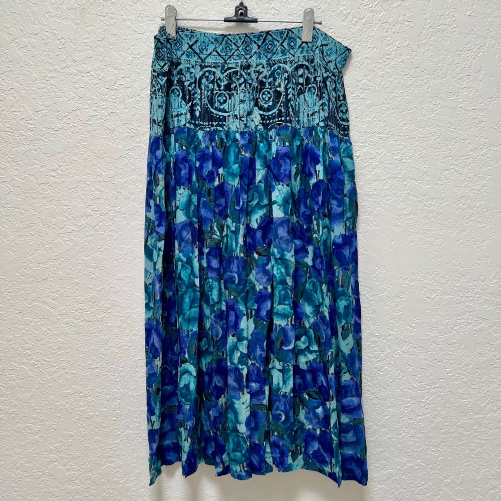 Carole Little Blue Floral Rayon Maxi Skirt Vintage‎ Size 14 Geometric Border